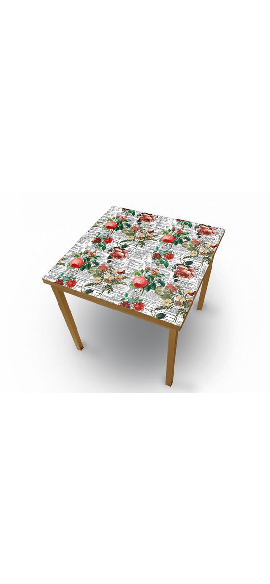 Autocolant blat masă, model ziar cu flori nuanțe de roșu, 100 x 200 cm, racletă inclusă