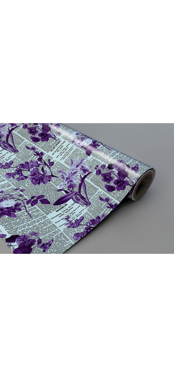 Autocolant blat masă, model ziar cu flori mov, 100 x 200 cm, racletă inclusă