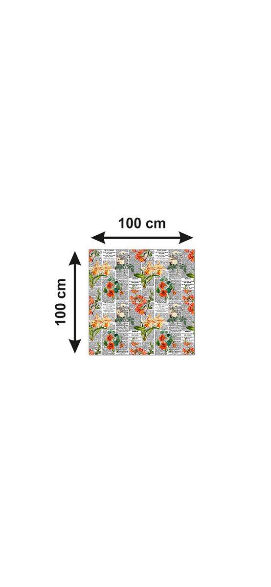Autocolant blat masă, model ziar cu flori oranj, 100 x 100 cm, racletă inclusă