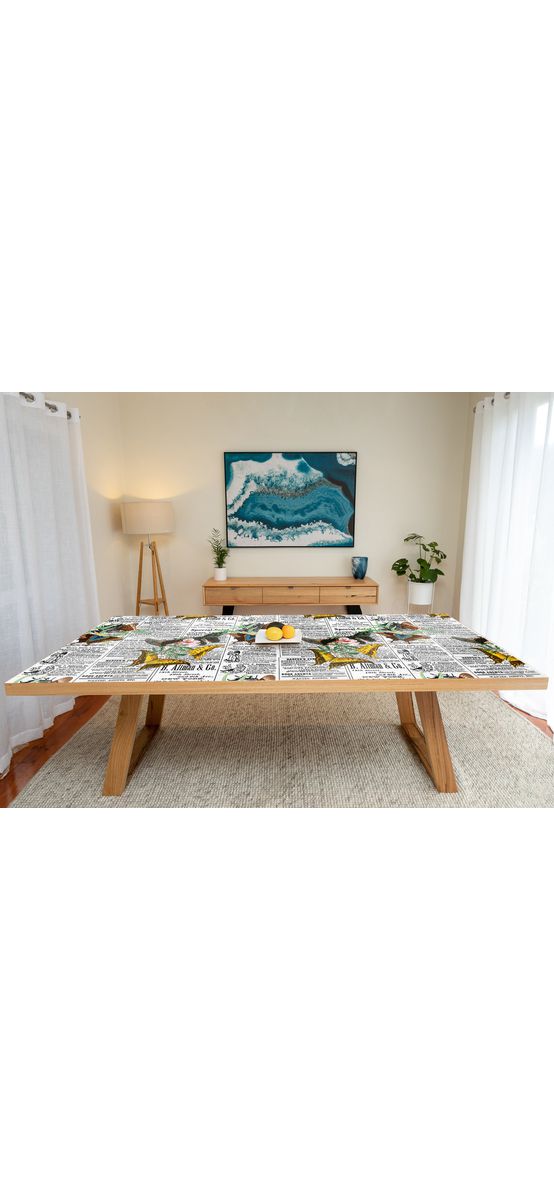 Autocolant blat masă, model ziar cu fluturi galbeni, 100 x 200 cm, racletă inclusă