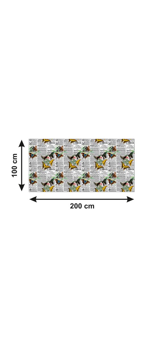 Autocolant blat masă, model ziar cu fluturi galbeni, 100 x 200 cm, racletă inclusă