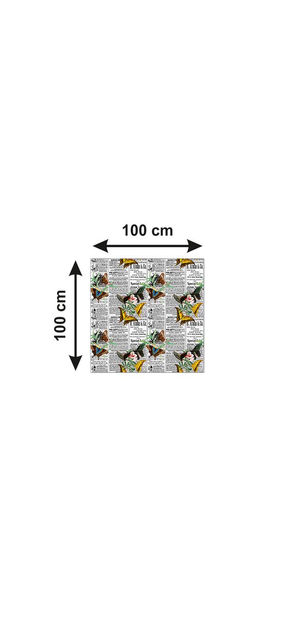 Autocolant blat masă, model ziar cu fluturi galbeni, 100 x 100 cm, racletă inclusă