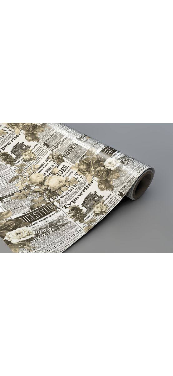 Autocolant blat masă, model ziar cu flori albe, 100 x 200 cm, racletă inclusă