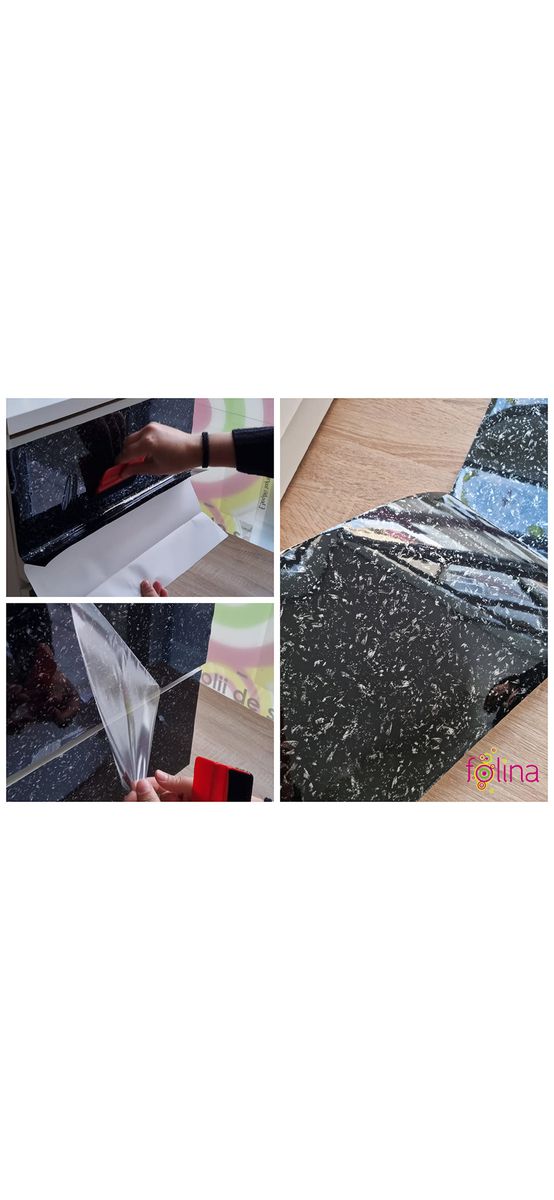 Autocolant mobilă decorativ, Folina, negru lucios cu inserţii gri, rolă de 75x300 cm