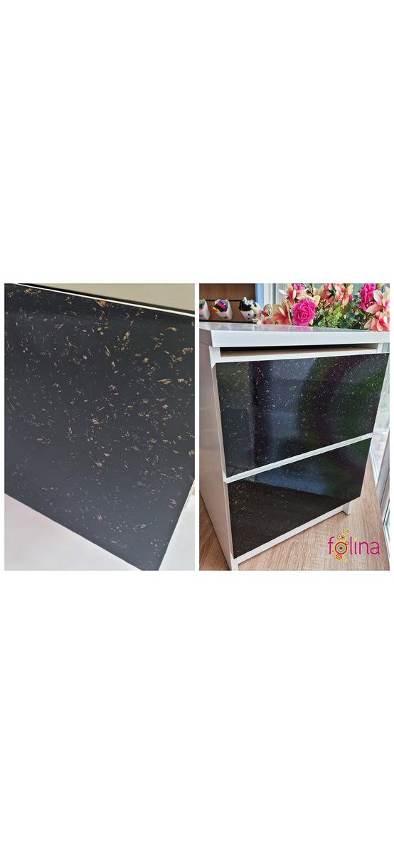 Autocolant mobilă decorativ, Folina, negru lucios cu inserţii bej, rolă de 75x300 cm
