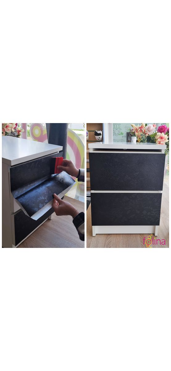 Autocolant mobilă decorativ, Folina, negru cu model floral embosat, rolă de 75x300 cm