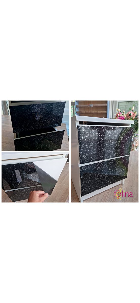 Autocolant mobilă decorativ, Folina, negru lucios cu inserţii gri, rolă de 75x300 cm