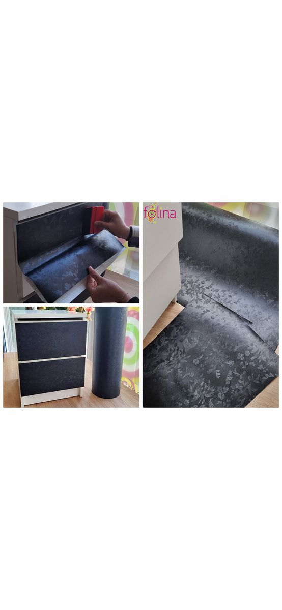 Autocolant mobilă decorativ, Folina, negru cu model floral embosat, rolă de 75x300 cm