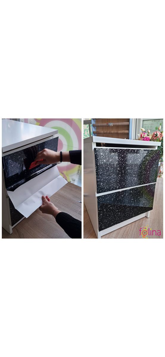 Autocolant mobilă decorativ, Folina, negru lucios cu inserţii gri, rolă de 75x300 cm