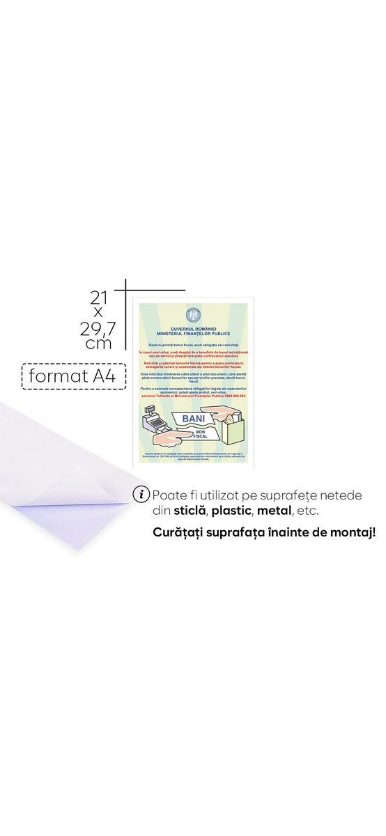 Autocolant obligatoriu de atenționare referitoare la bonurile fiscale pentru operatorii economici, Folina, format A4 - 210x297 mm