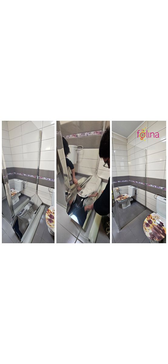 Folie cabină duş cu efect de oglindă, autoadezivă, pentru suprafeţe din oglindă, plexiglass, plastic,rolă de 120x200 cm, racletă şi cutter incluse