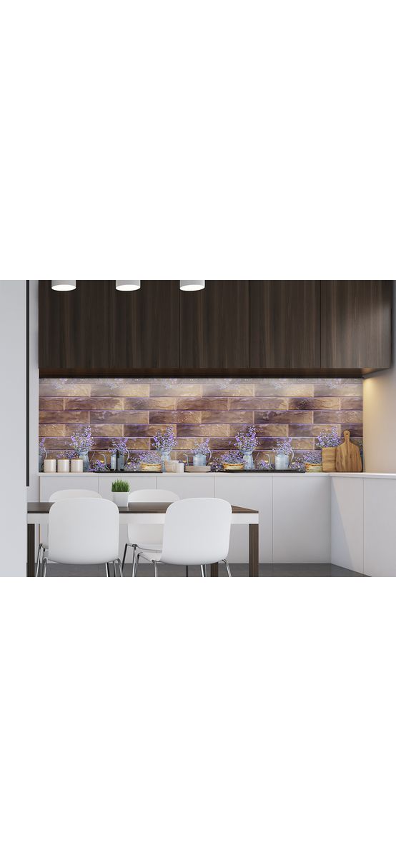 Autocolant perete bucătărie, Folina, cărămidă maro cu decor floral mov, rezistent la apă şi căldură, rolă de 67x350cm
