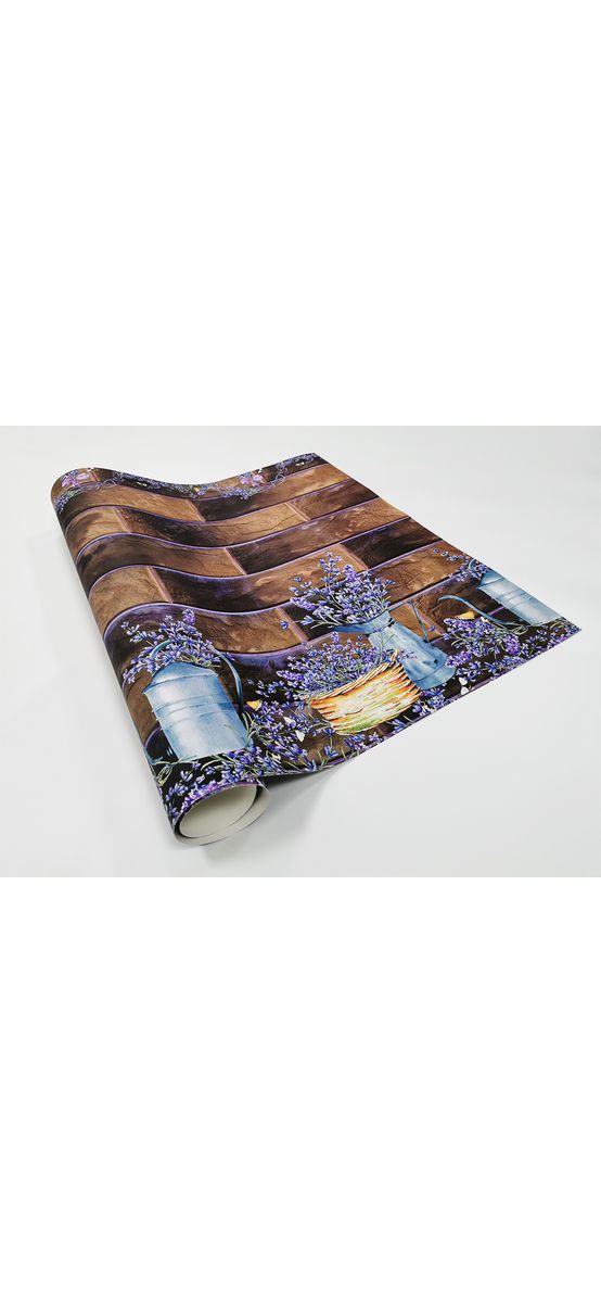 Autocolant perete bucătărie, Folina, cărămidă maro cu decor floral mov, rezistent la apă şi căldură, rolă de 67x350cm