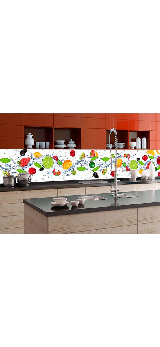 Autocolant perete backsplash, Dimex, alb cu model fructe, multicolor, rezistent la apă şi căldură, rolă de 60x350 cm