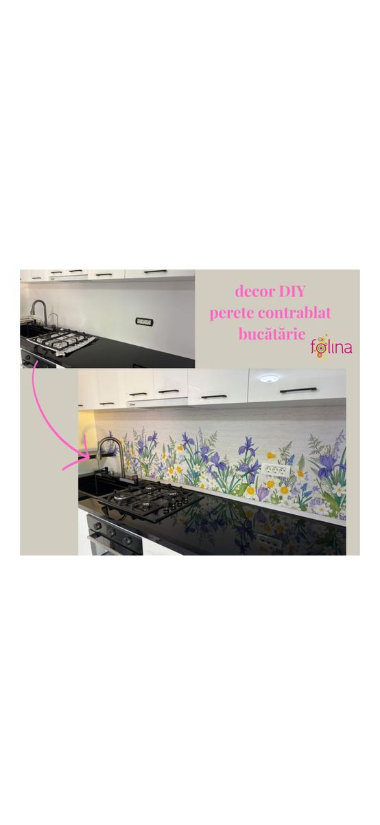 Autocolant perete contrablat bucătărie, model flori de primăvară, autoadeziv, rezistent la apă și căldură, rolă de 67x200 cm