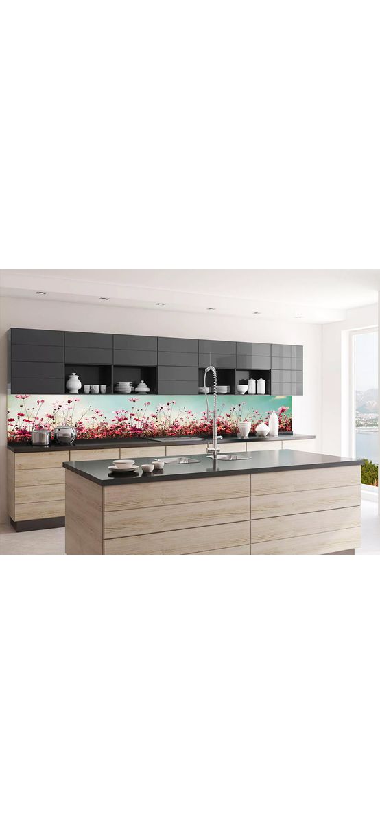 Autocolant perete contrablat bucătărie, Dimex, peisaj cu flori de câmp roz, rolă de 60x350 cm