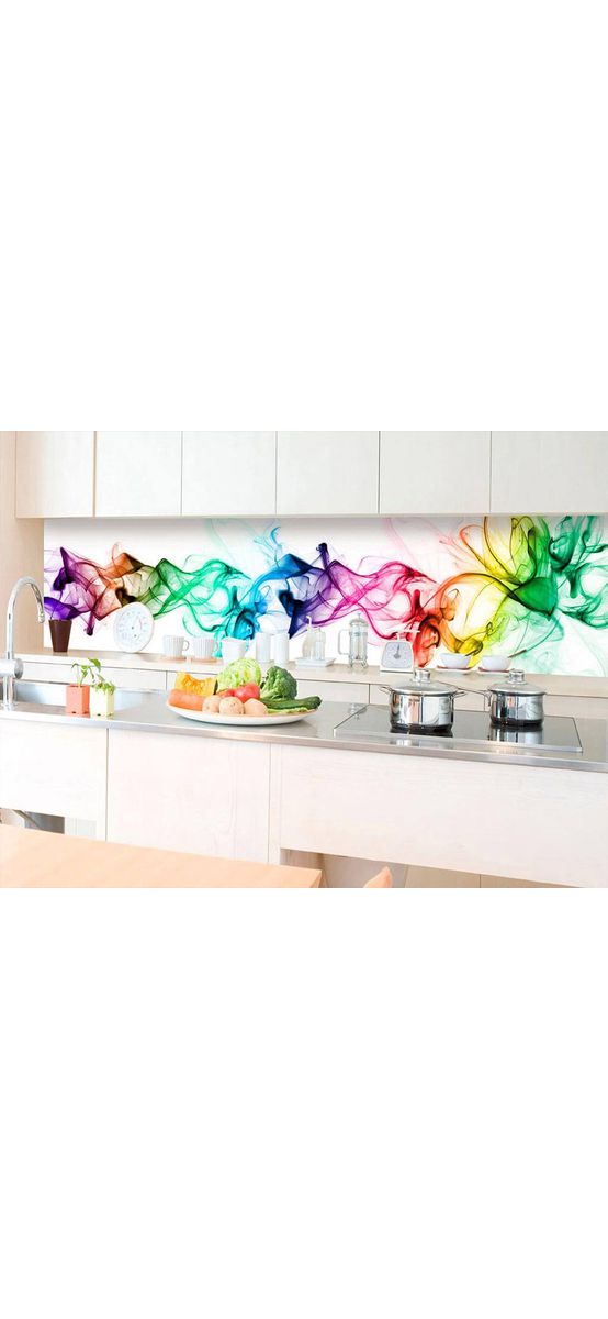 Autocolant perete backsplash, Dimex White Smoke, alb cu model abstract multicolor, rezistent la apă şi căldură, rolă de 60x350 cm