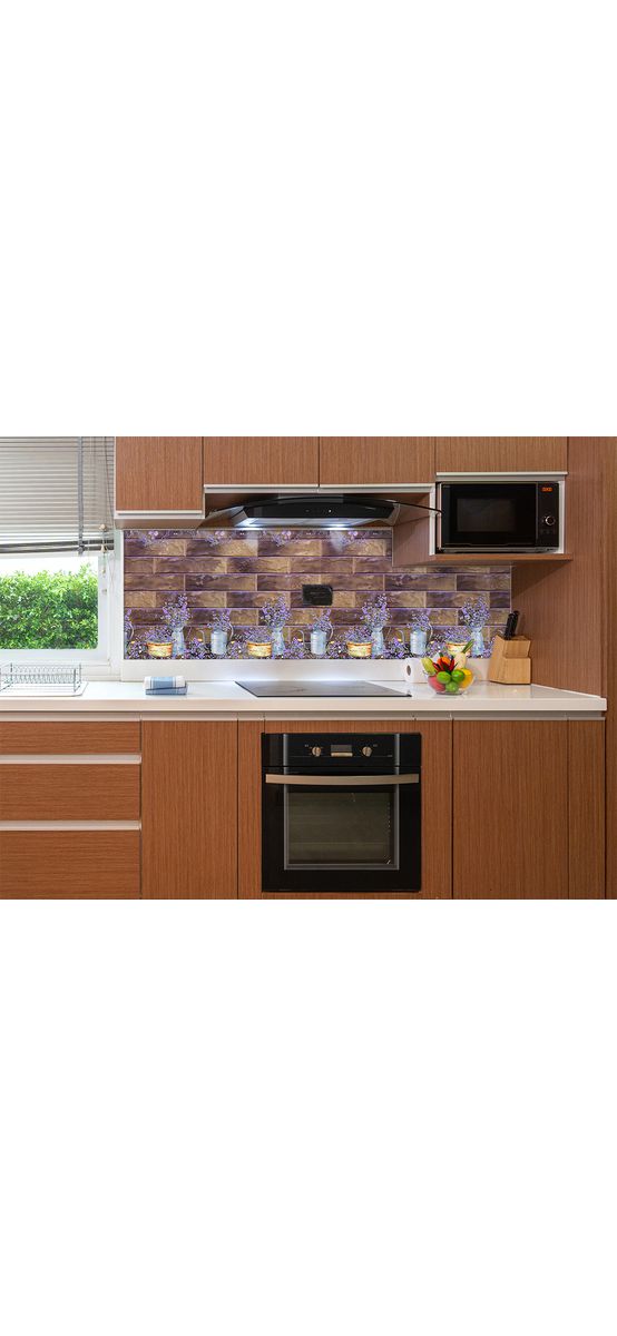 Autocolant perete bucătărie, Folina, cărămidă maro cu decor floral mov, rezistent la apă şi căldură, rolă de 67x350cm