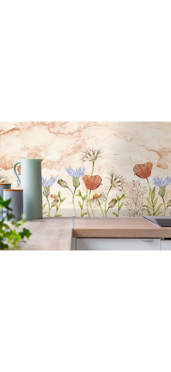 Autocolant perete, Folina, marmură bej cu detalii florale colorate, 67x200 cm