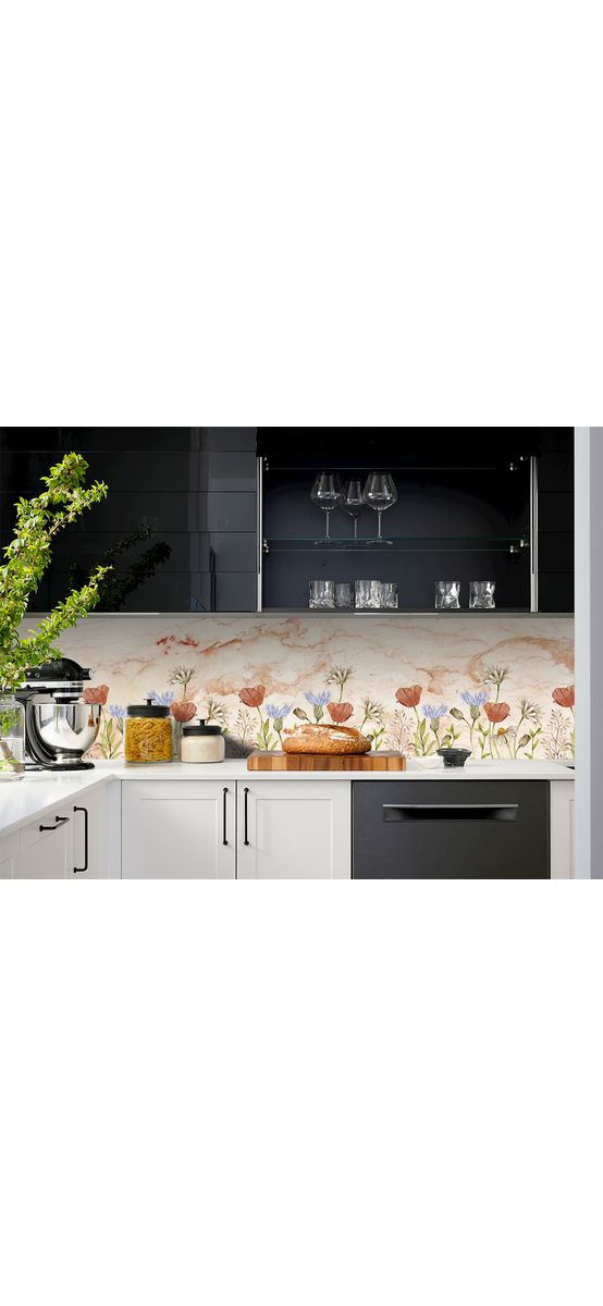 Autocolant perete, Folina, marmură bej cu detalii florale colorate, 67x200 cm