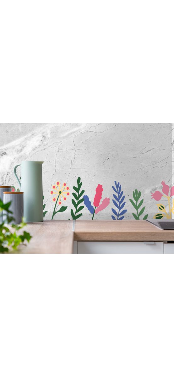 Autocolant perete, Folina, marmură gri cu detalii florale colorate, 67x200 cm