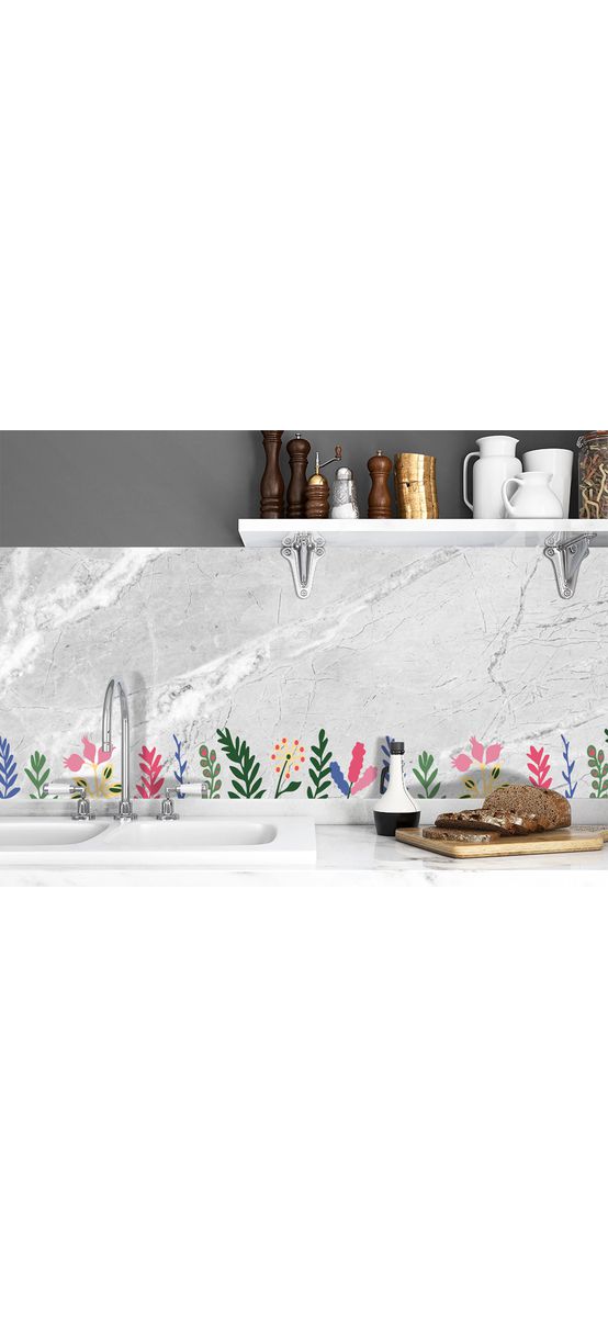 Autocolant perete, Folina, marmură gri cu detalii florale colorate, 67x200 cm