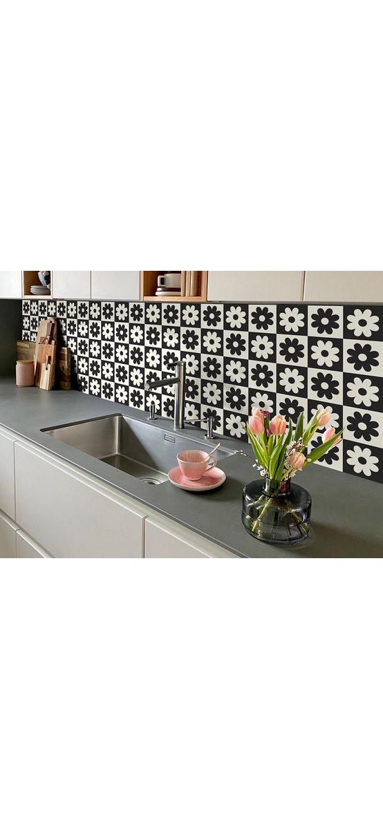 Autocolant perete model retro cu flori alb-negru, Folina, rolă de 67x200 cm