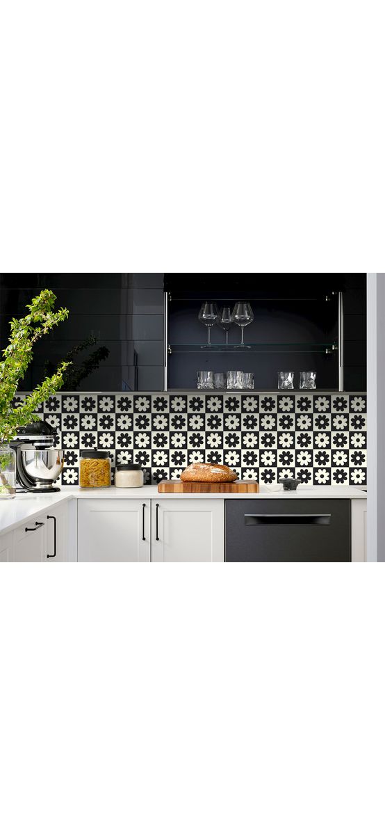 Autocolant perete model retro cu flori alb-negru, Folina, rolă de 67x200 cm