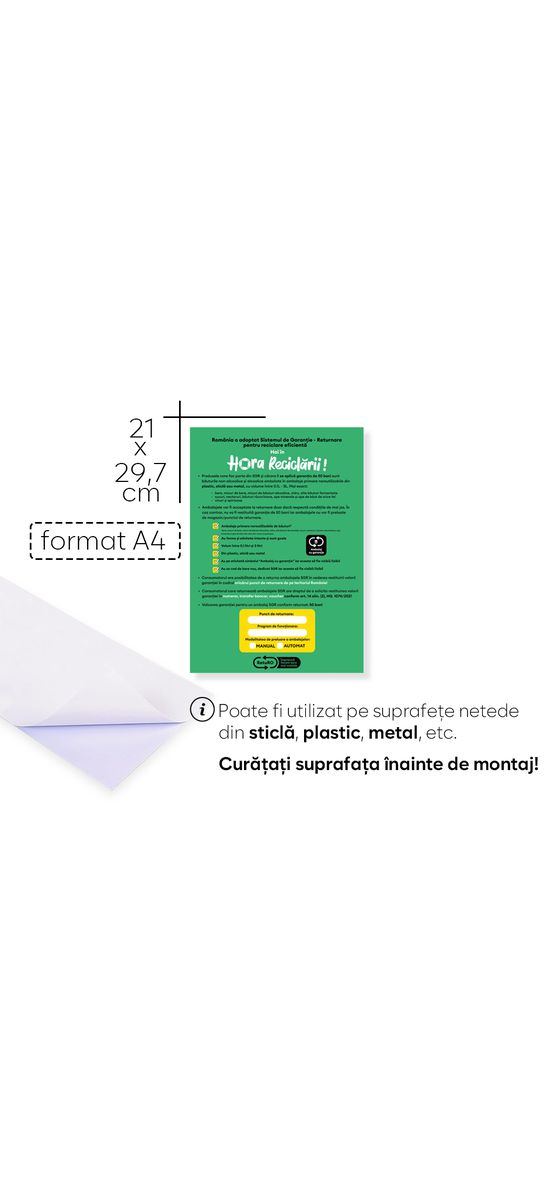 Autocolant indicator obligatoriu Returo pentru sistemul de garanție și returnare (SGR) pentru comercianți, Folina, format A4 - 210x297 mm