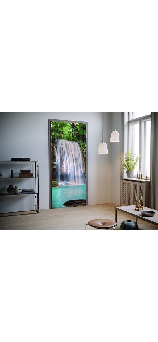 Autocolant uşă Cascadă tropicală, Folina, model multicolor, dimensiune autocolant 92x205 cm