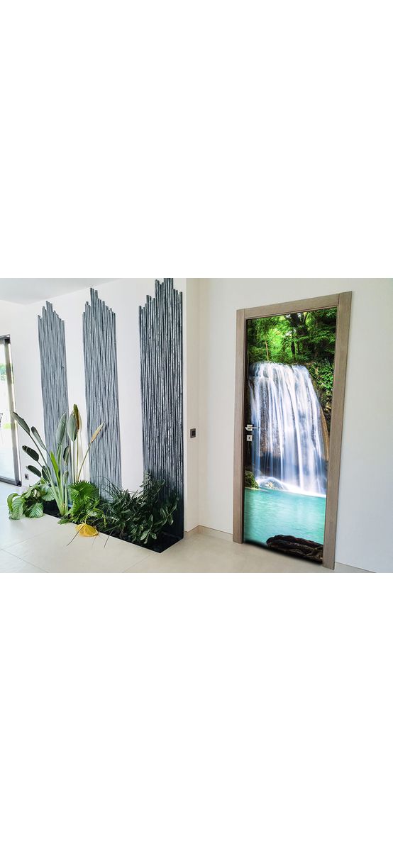 Autocolant uşă Cascadă tropicală, Folina, model multicolor, dimensiune autocolant 92x205 cm