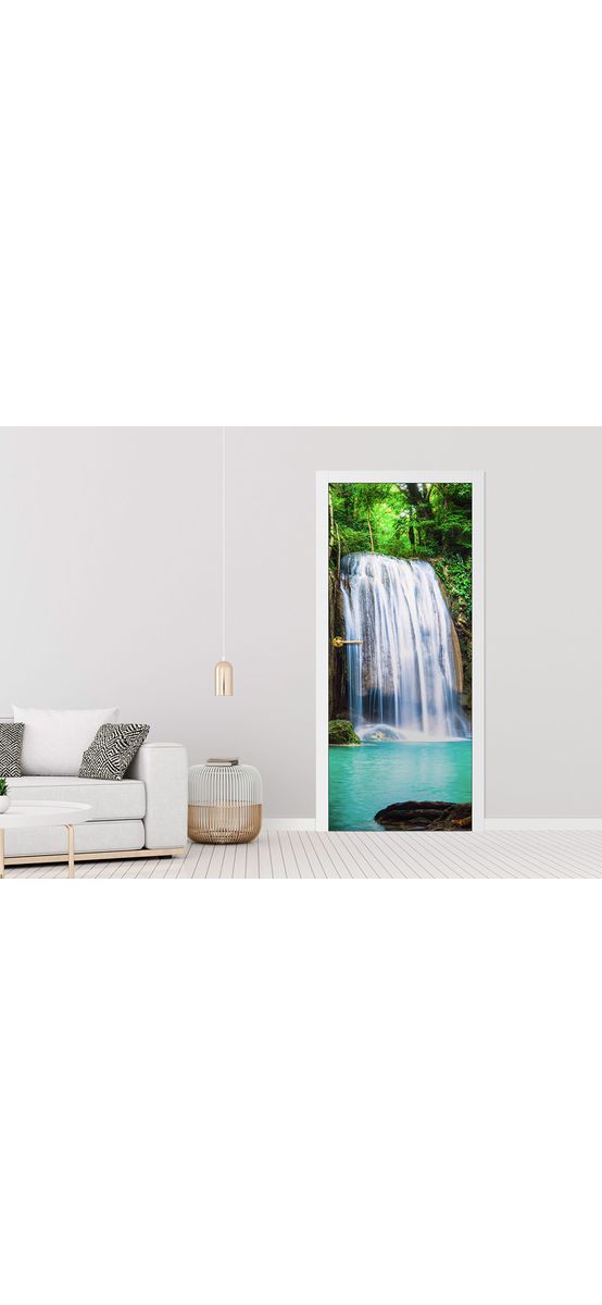 Autocolant uşă Cascadă tropicală, Folina, model multicolor, dimensiune autocolant 92x205 cm