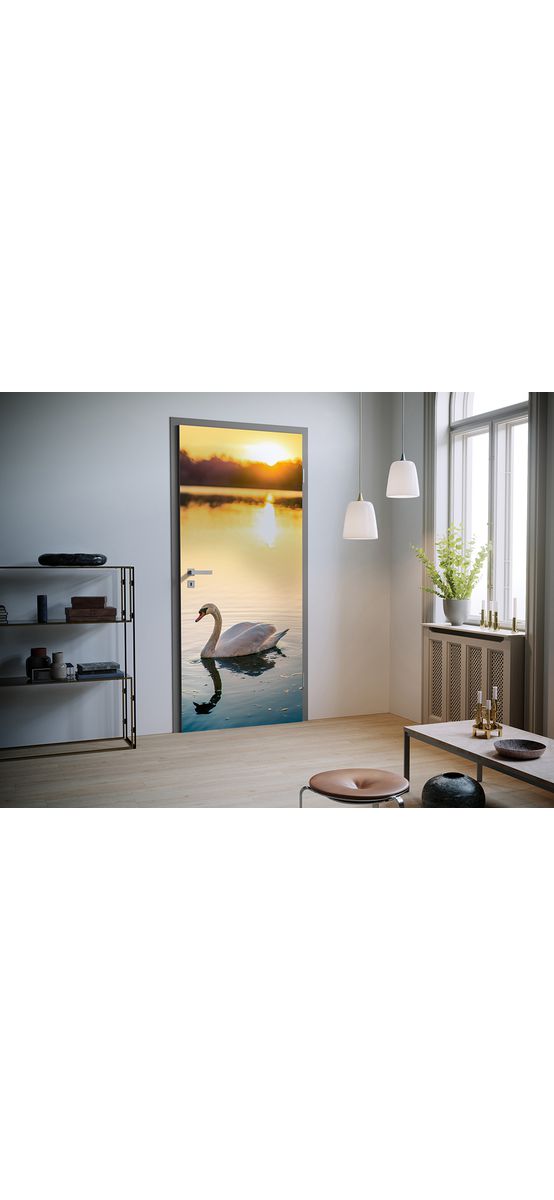 Autocolant uşă Lebădă pe apă, Folina, model multicolor, dimensiune autocolant 92x205 cm