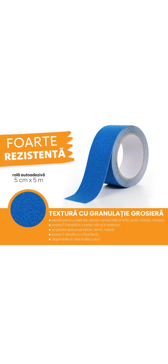Bandă antialunecare, antiderapantă, autoadezivă cu granulație grosieră, culoare albastră, ideală pentru scări și podele, rolă 5 cm x 5 m