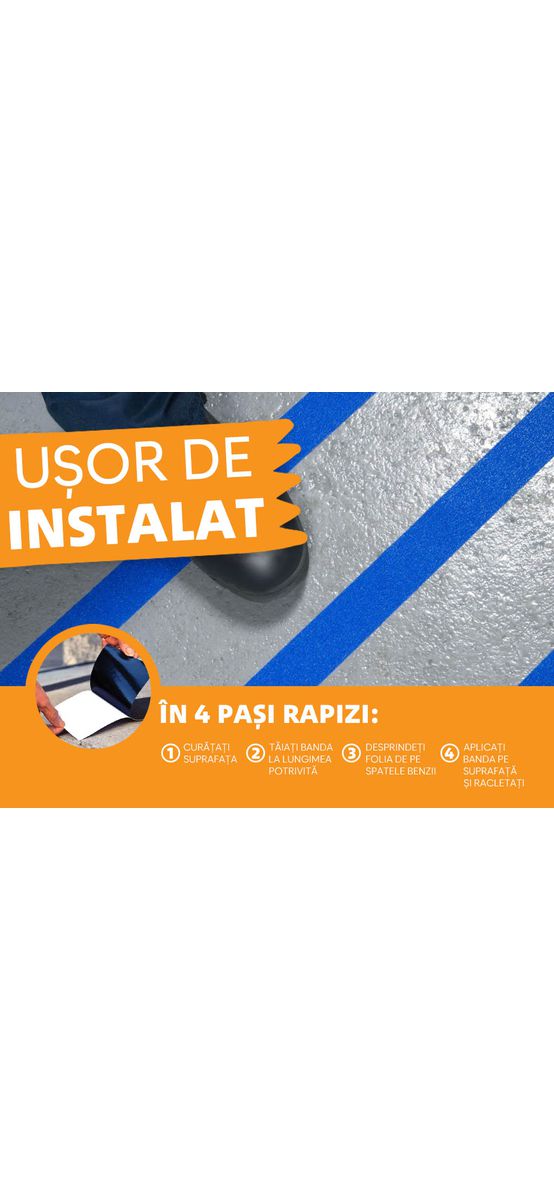 Bandă antialunecare, antiderapantă, autoadezivă cu granulație grosieră, culoare albastră, ideală pentru scări și podele, rolă 5 cm x 5 m
