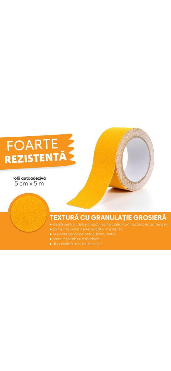 Bandă antialunecare, antiderapantă,  autoadezivă cu granulație grosieră, culoare galbenă, ideală pentru scări și podele, rolă 5 cm x 5 m