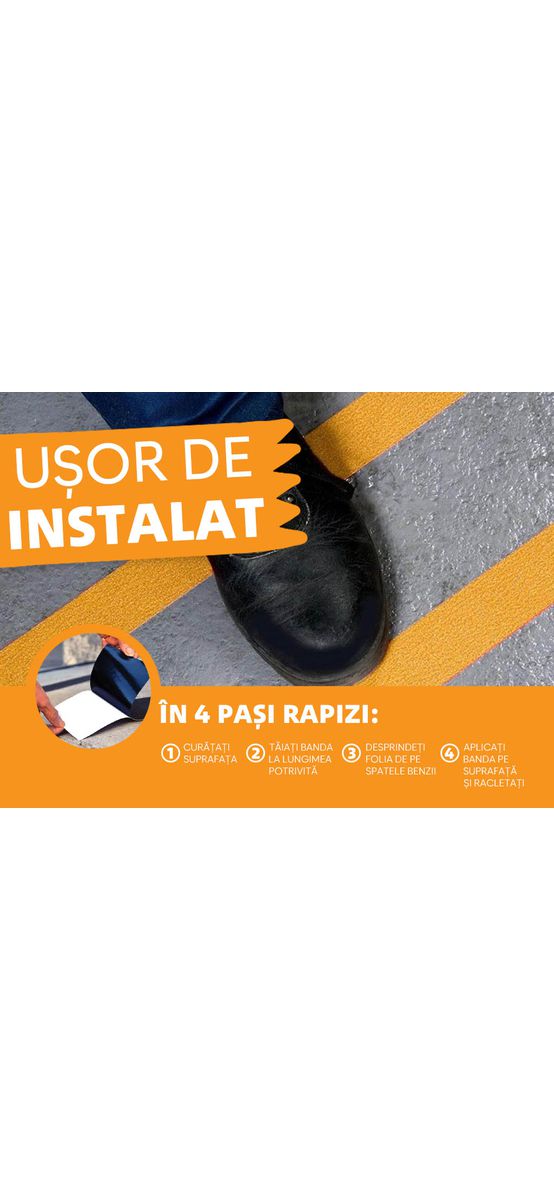 Bandă antialunecare, antiderapantă,  autoadezivă cu granulație grosieră, culoare galbenă, ideală pentru scări și podele, rolă 5 cm x 5 m