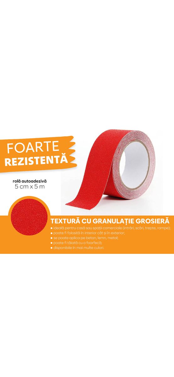 Bandă antialunecare, antiderapantă,  autoadezivă cu granulație grosieră, culoare roșie, ideală pentru scări și podele, rolă 5 cm x 5 m