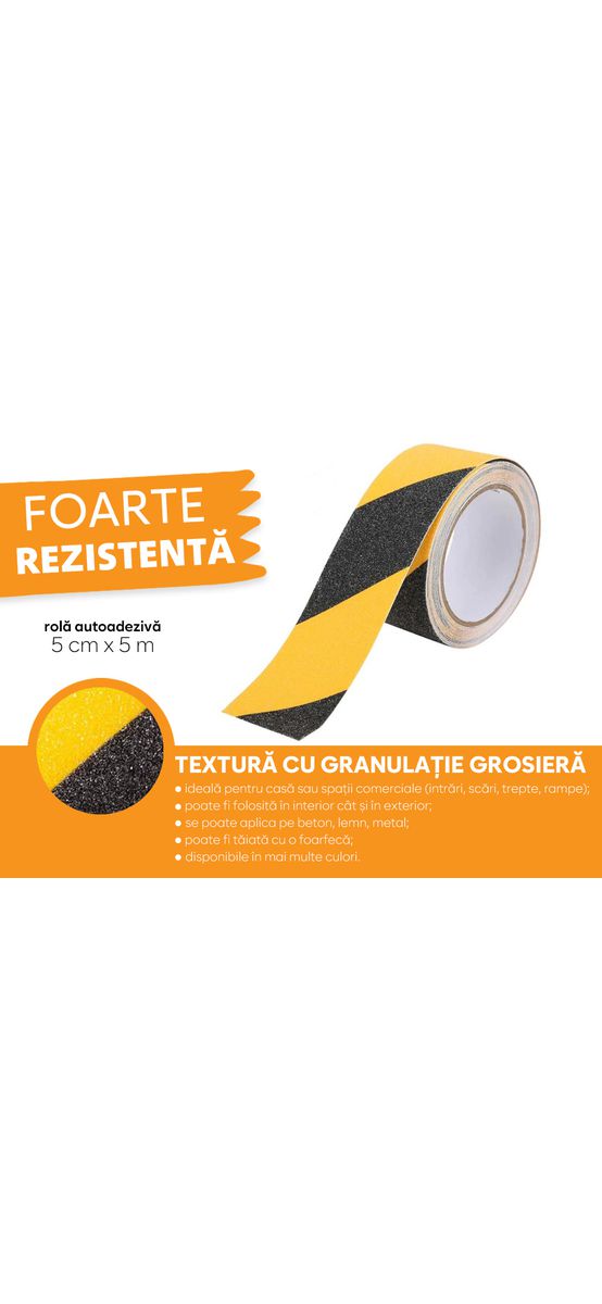 Bandă antialunecare, antiderapantă,  autoadezivă cu granulație grosieră, culoare negru cu galben, ideală pentru scări și podele, rolă 5 cm x 5 m