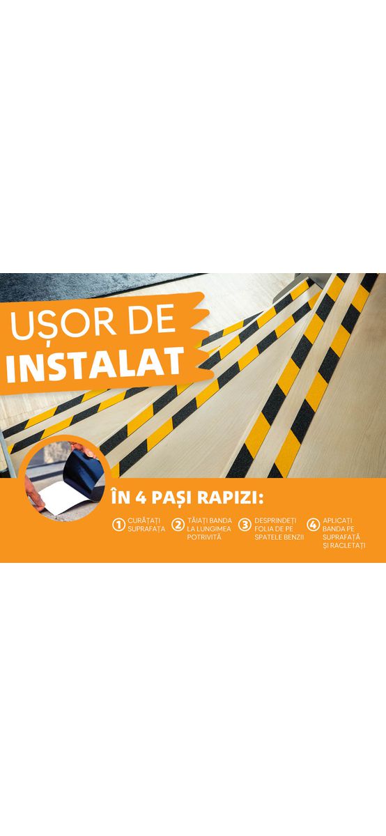 Bandă antialunecare, antiderapantă,  autoadezivă cu granulație grosieră, culoare negru cu galben, ideală pentru scări și podele, rolă 5 cm x 5 m