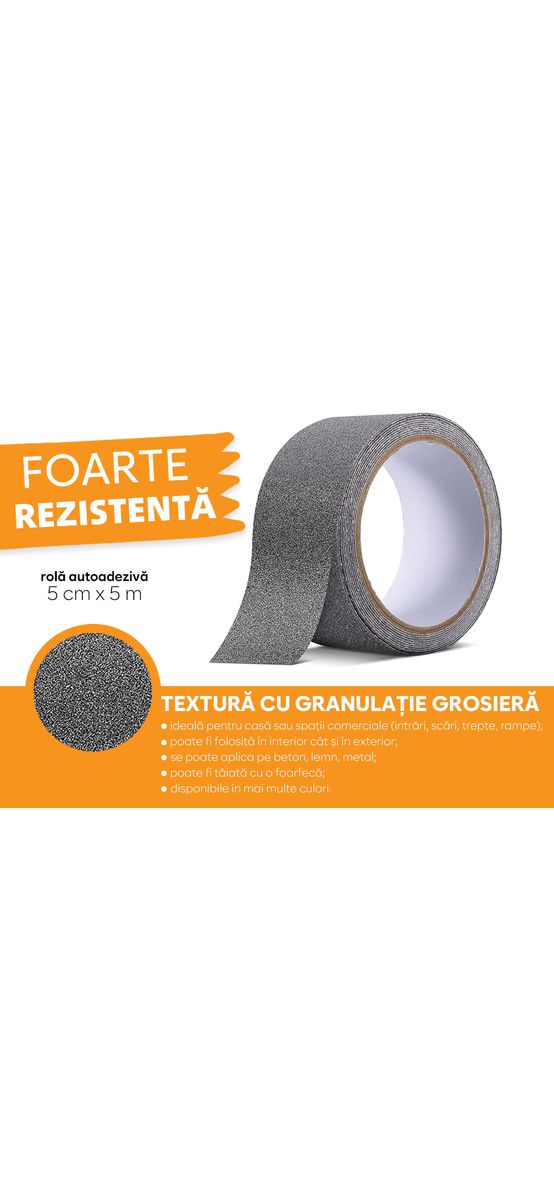 Bandă antialunecare, antiderapantă,  autoadezivă cu granulație grosieră, culoare gri, ideală pentru scări și podele, rolă 5 cm x 5 m