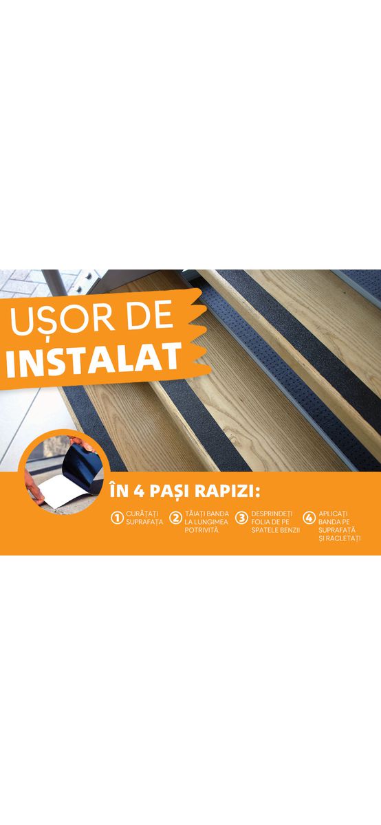 Bandă antialunecare, antiderapantă,  autoadezivă cu granulație grosieră, culoare gri, ideală pentru scări și podele, rolă 5 cm x 5 m