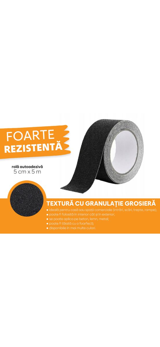 Bandă antialunecare, antiderapantă,  autoadezivă cu granulație grosieră, culoare neagră, ideală pentru scări și podele, rolă 5 cm x 5 m