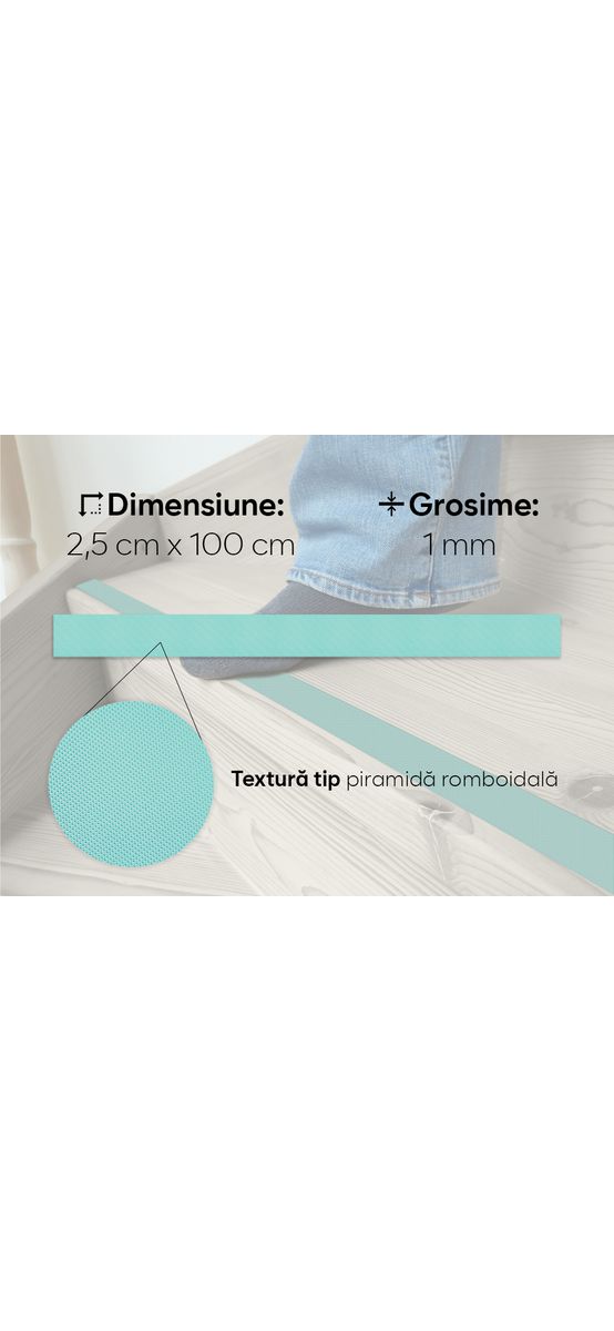 Bandă antiderapantă autoadezivă pentru scări, cadă sau duș, culoare cyan, rolă 2,5 cm x 100 cm