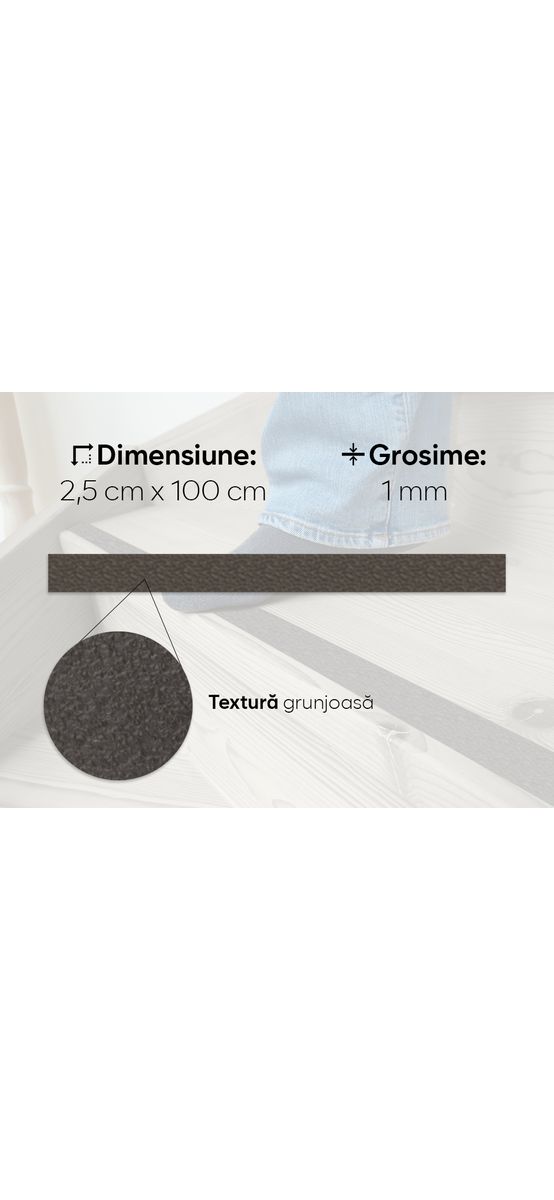Bandă antiderapantă autoadezivă pentru scări, cadă sau duș, culoare gri, rolă 2,5 cm x 100 cm