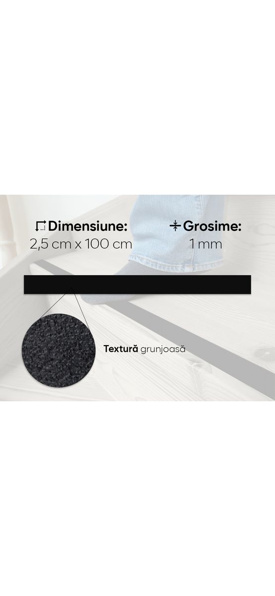Bandă antiderapantă autoadezivă pentru scări, cadă sau duș, culoare neagră, rolă 2,5 cm x 100 cm