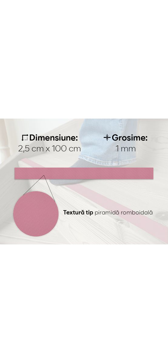 Bandă antiderapantă autoadezivă pentru scări, cadă sau duș, culoare roz, rolă 2,5 cm x 100 cm