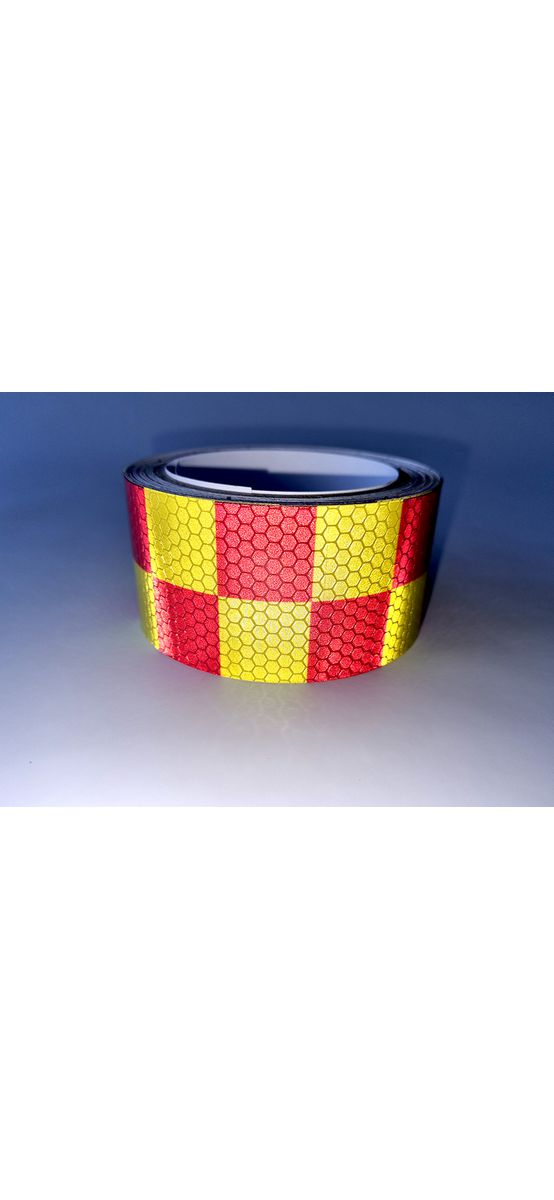 Bandă reflectorizantă autoadezivă de marcaj contur cu pătrate de culoare galben-roșu pentru siguranța rutieră, rolă 5 cm x 5 m