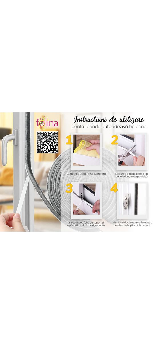 Bandă autoadezivă tip perie, pentru etanșare ferestre, uși glisante, dressing-uri, rolă de 5m