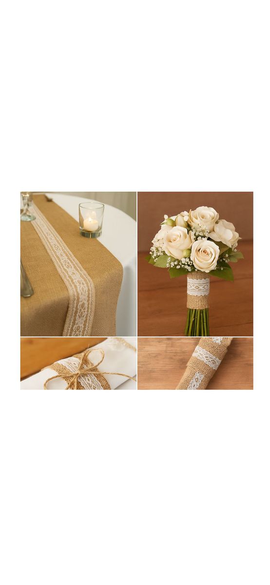 Bandă decorativă iută natur cu dantelă albă Folina BDA30 – rolă 5x200 cm
